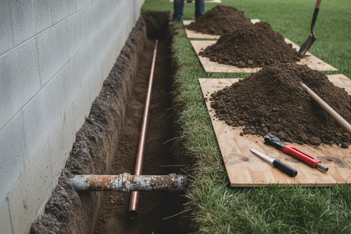 Excavated water line trench during Sewer Line Repair in New Plymouth